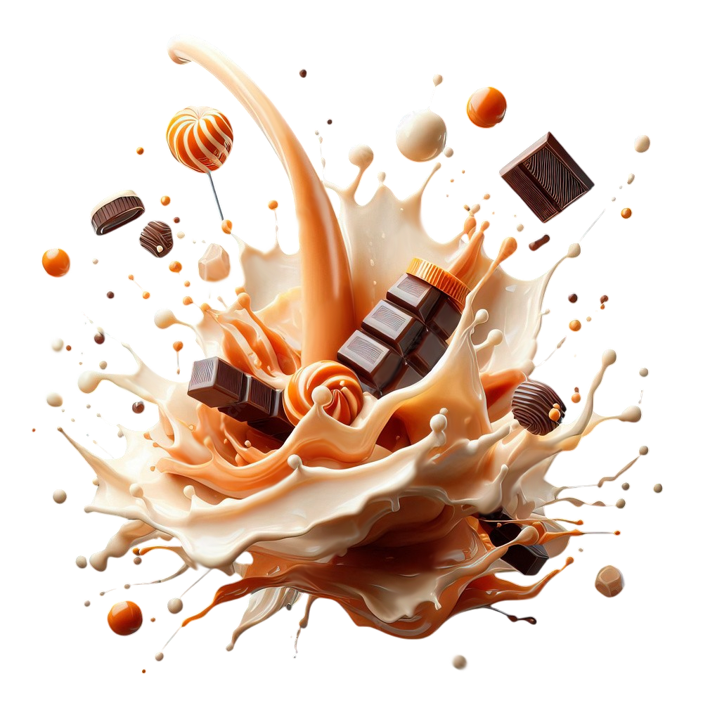 Pieces of Delta-9 Dark Chocolate minis splashing into caramel and cream