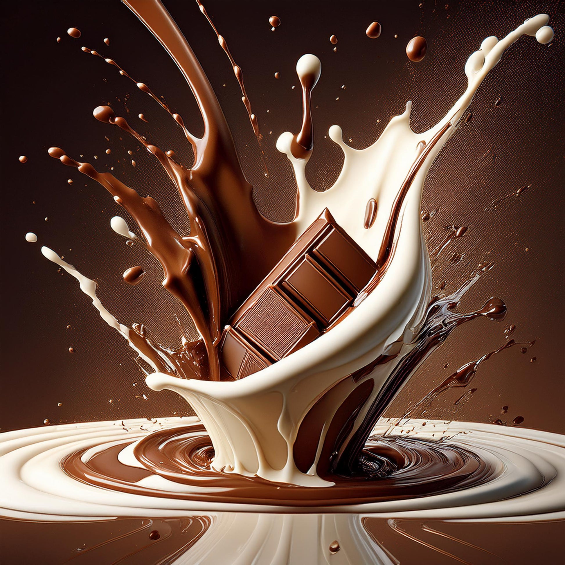 Delta-9 Dark Chocolate splashing into a puddle of dark and white chocolate